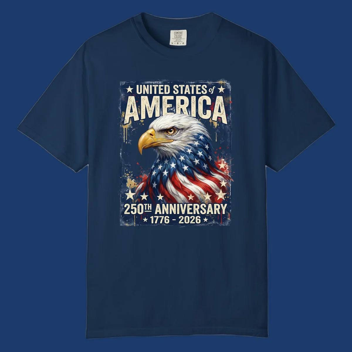 Bold illustration of an eagle with an American flag pattern, celebrating the America 250th Anniversary.