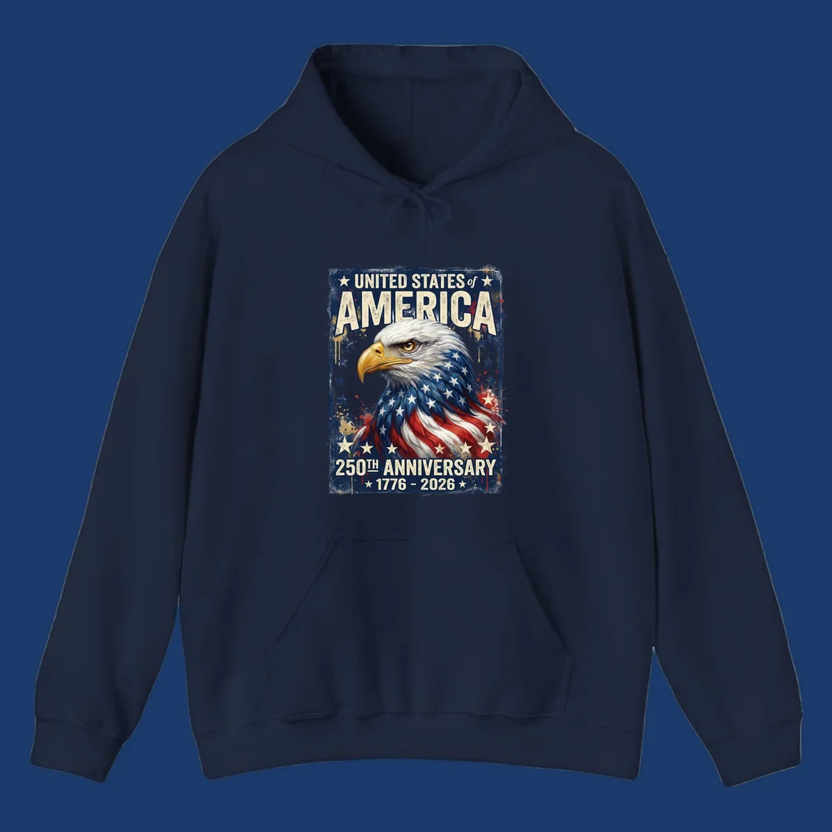 Bold illustration of an eagle with an American flag pattern, celebrating the America 250th Anniversary.