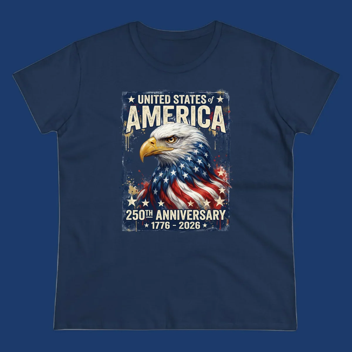 Bold illustration of an eagle with an American flag pattern, celebrating the America 250th Anniversary.