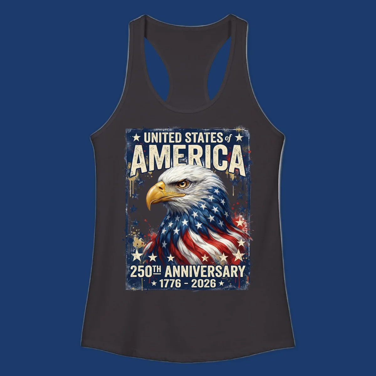 Bold illustration of an eagle with an American flag pattern, celebrating the America 250th Anniversary.