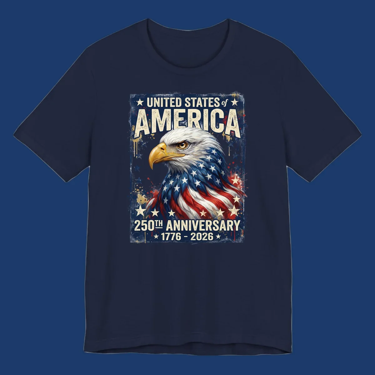 Bold illustration of an eagle with an American flag pattern, celebrating the America 250th Anniversary.