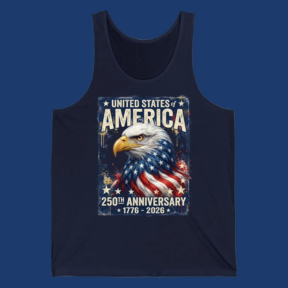 Bold illustration of an eagle with an American flag pattern, celebrating the America 250th Anniversary.