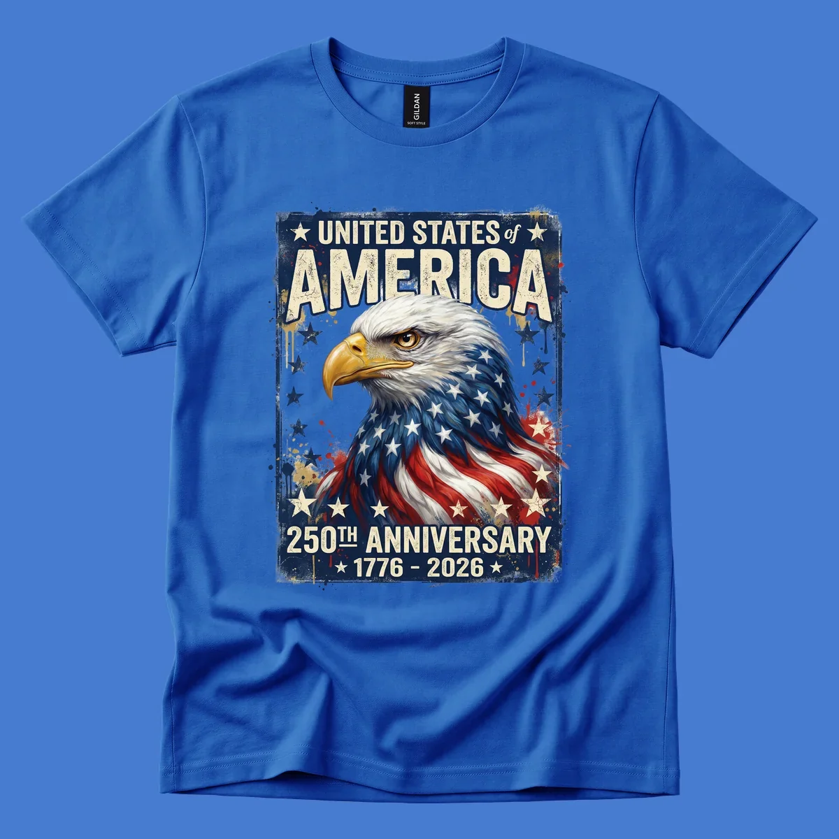 Bold illustration of an eagle with an American flag pattern, celebrating the America 250th Anniversary.
