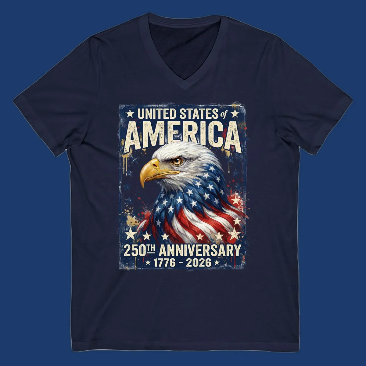 Bold illustration of an eagle with an American flag pattern, celebrating the America 250th Anniversary.