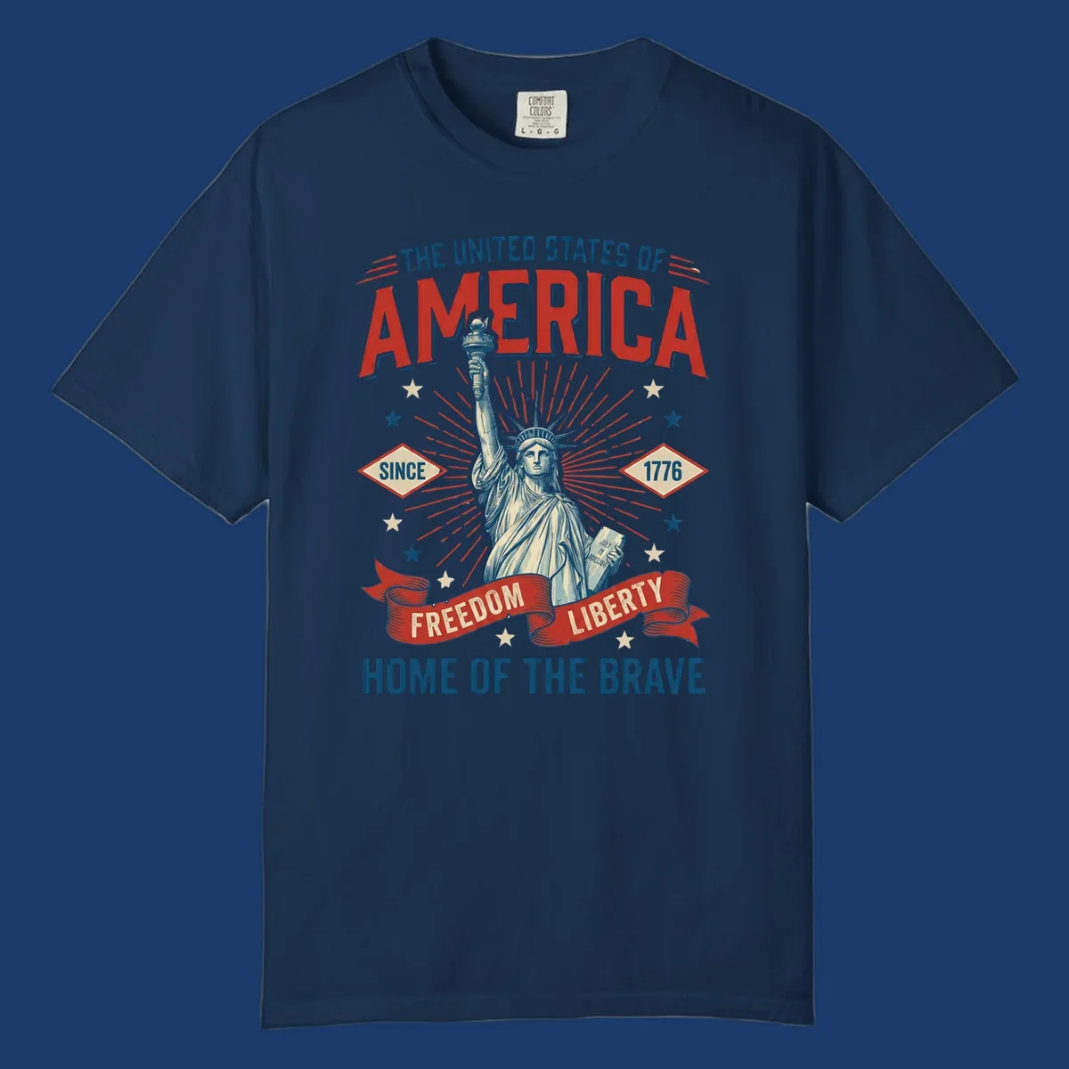 America freedom celebration design with Statue of Liberty, text and patriotic elements.