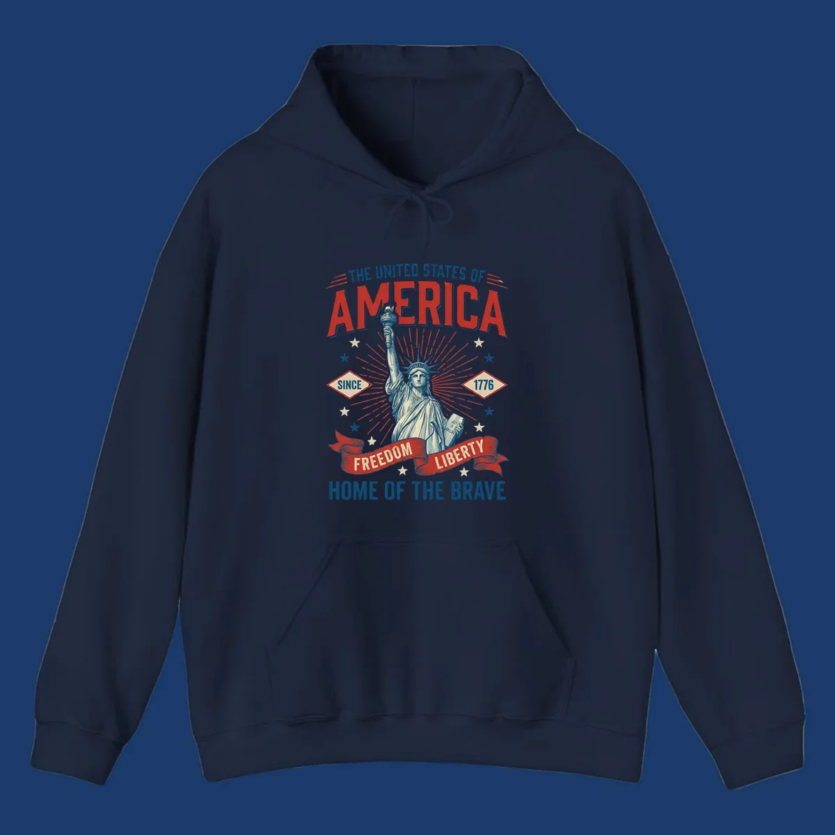 America freedom celebration design with Statue of Liberty, text and patriotic elements.