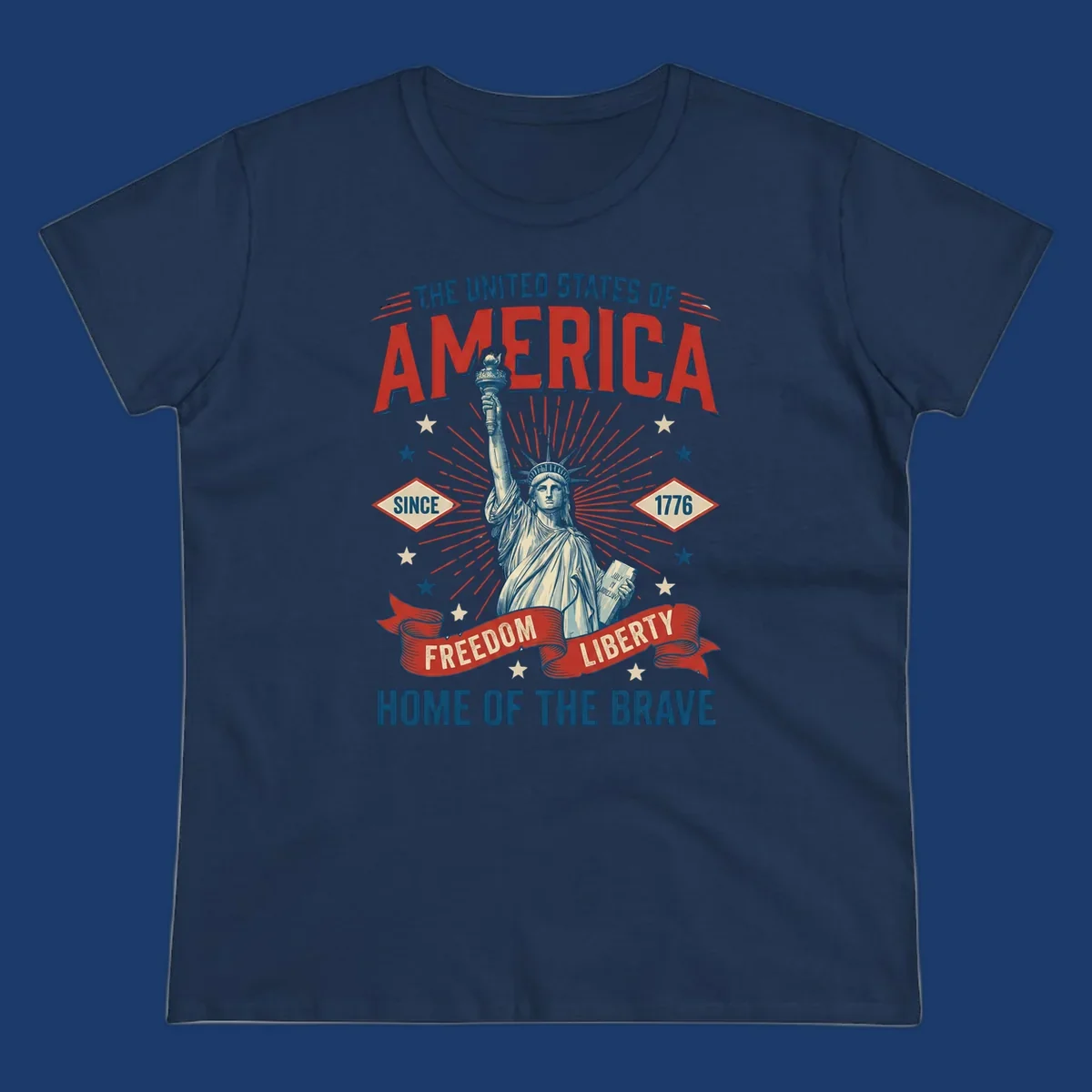 America freedom celebration design with Statue of Liberty, text and patriotic elements.