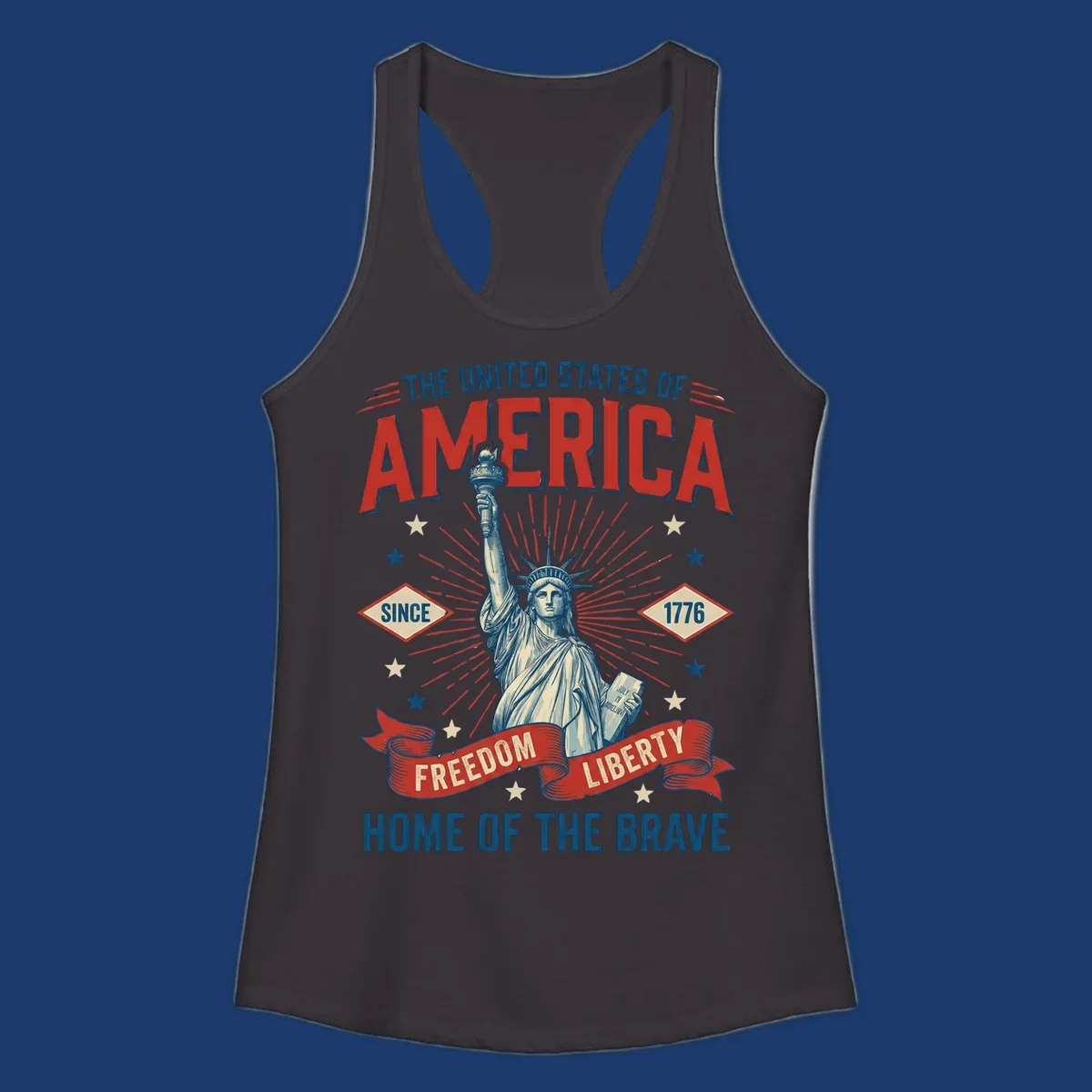 America freedom celebration design with Statue of Liberty, text and patriotic elements.