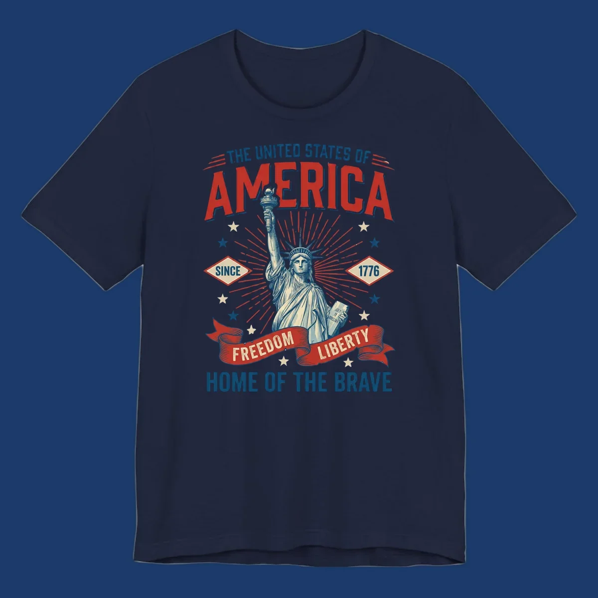 America freedom celebration design with Statue of Liberty, text and patriotic elements.