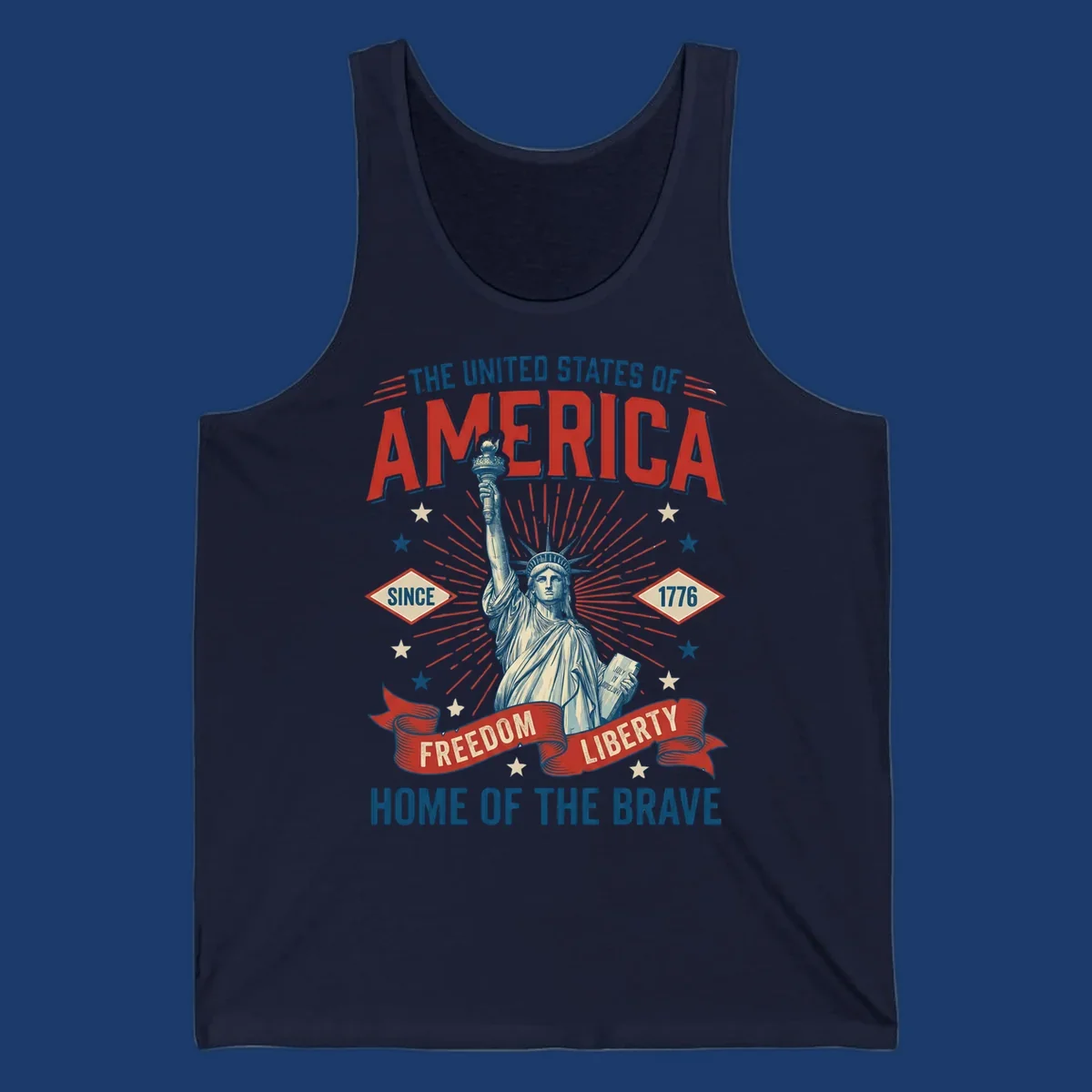 America freedom celebration design with Statue of Liberty, text and patriotic elements.