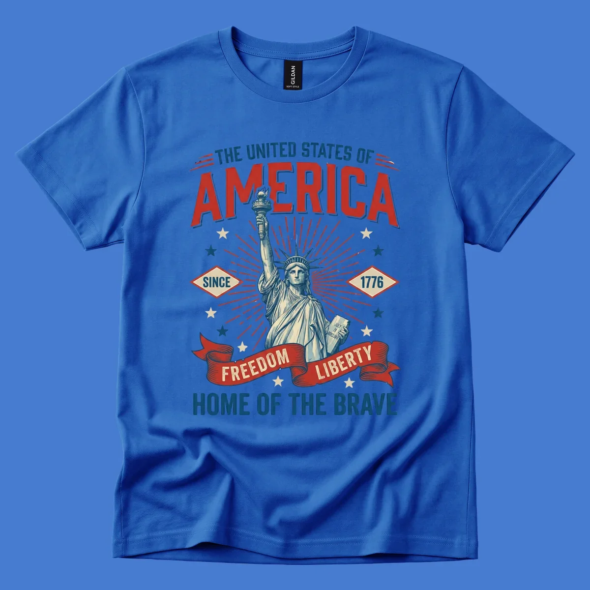 America freedom celebration design with Statue of Liberty, text and patriotic elements.