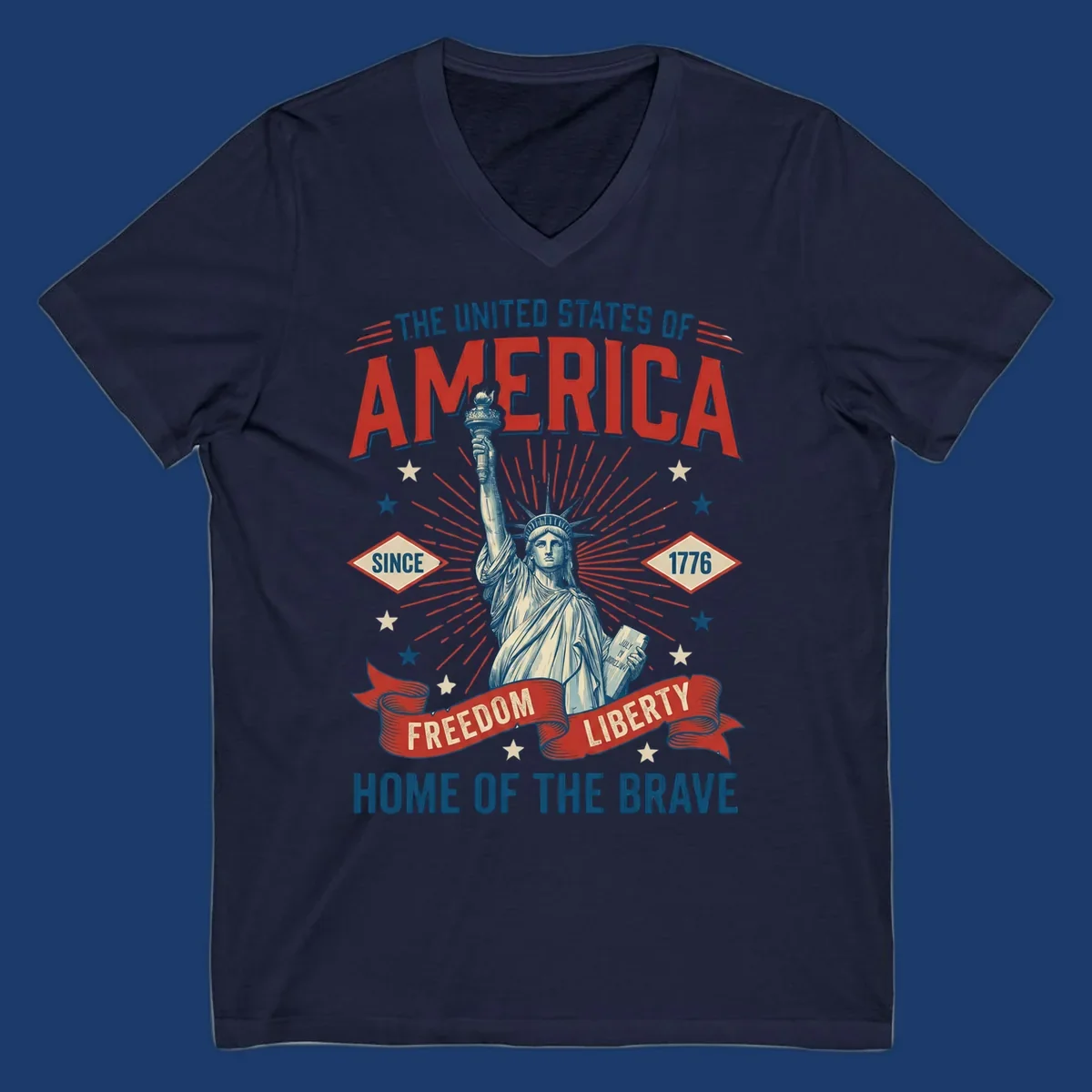 America freedom celebration design with Statue of Liberty, text and patriotic elements.