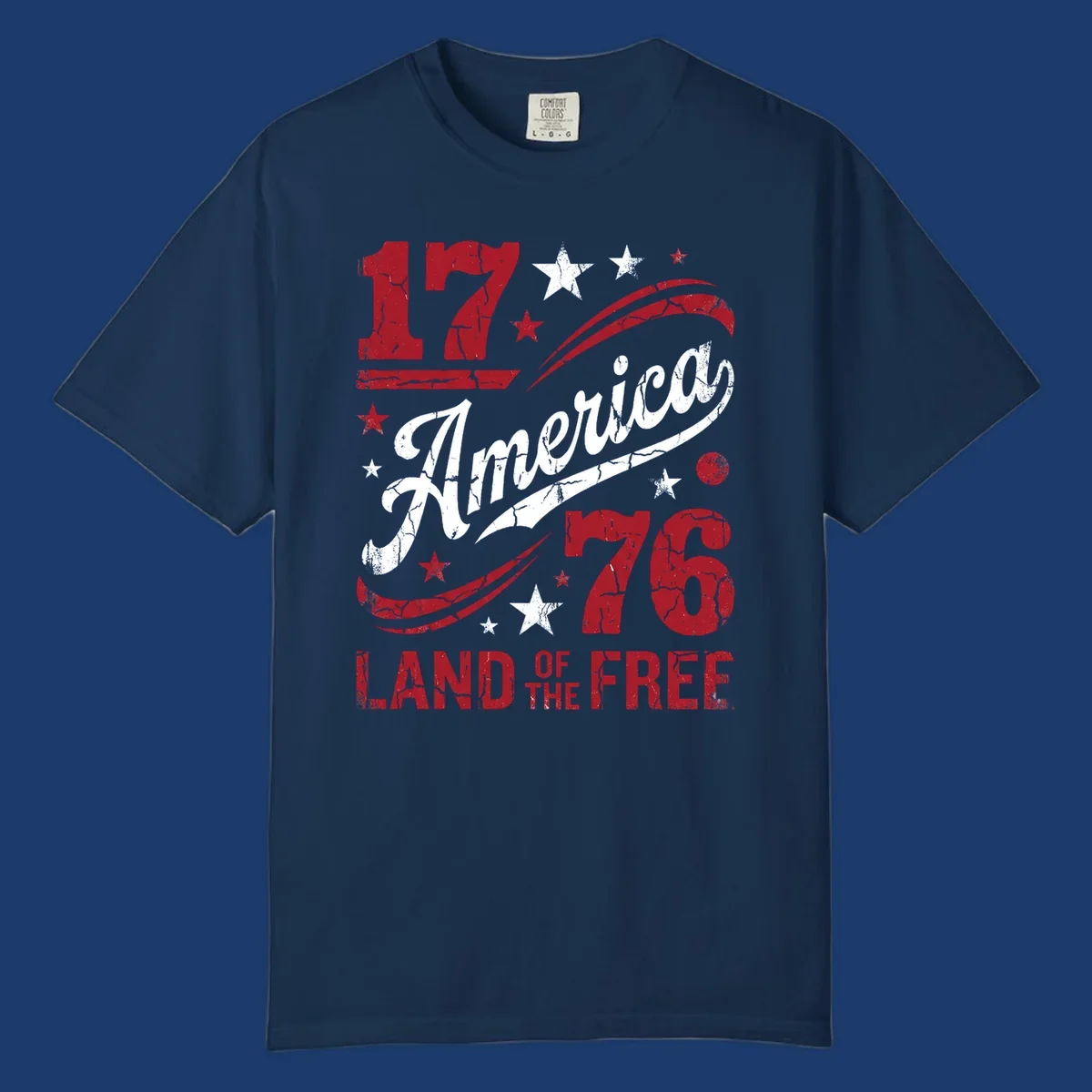 America 250th anniversary design with 1776, America, Land of the Free, and stars.