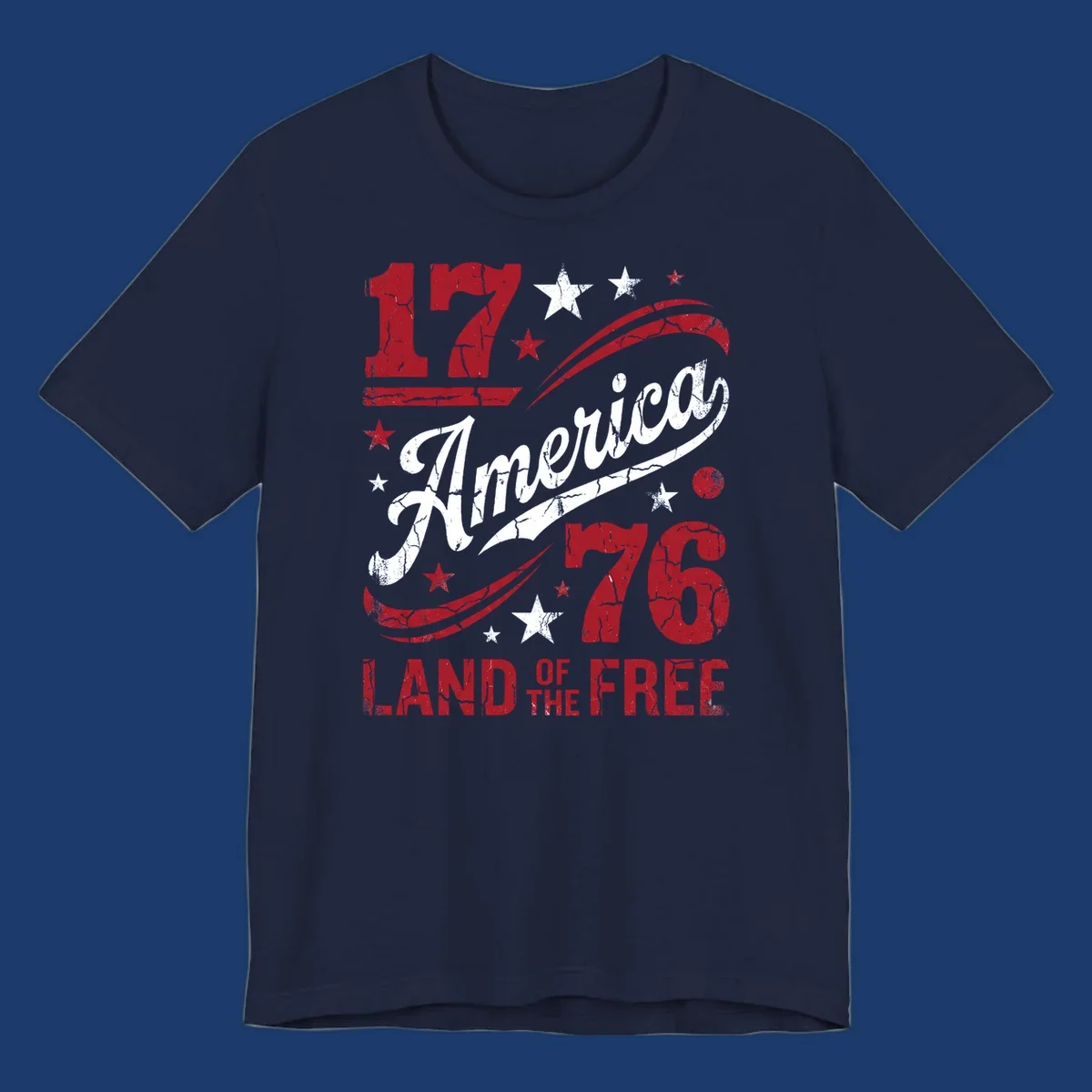 America 250th anniversary design with 1776, America, Land of the Free, and stars.