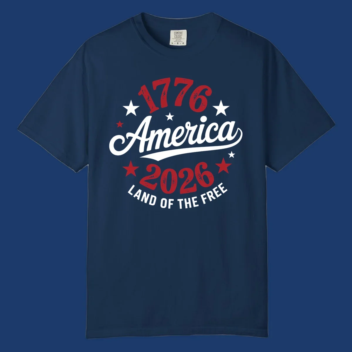 America 250th anniversary design with text 1776, America, 2026, Land of the Free, and stars.