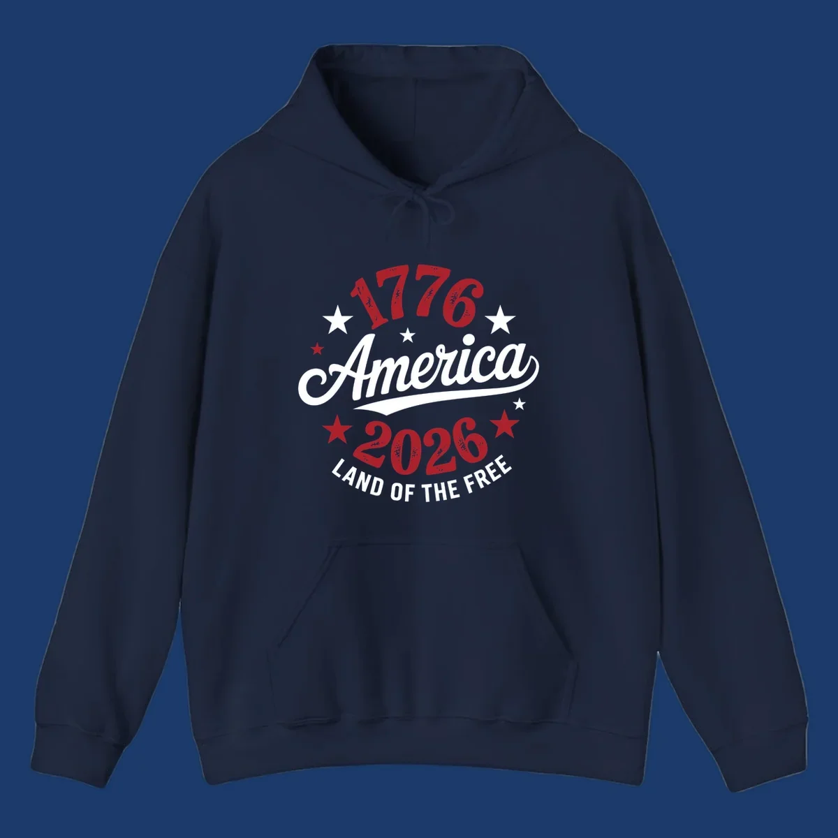 America 250th anniversary design with text 1776, America, 2026, Land of the Free, and stars.