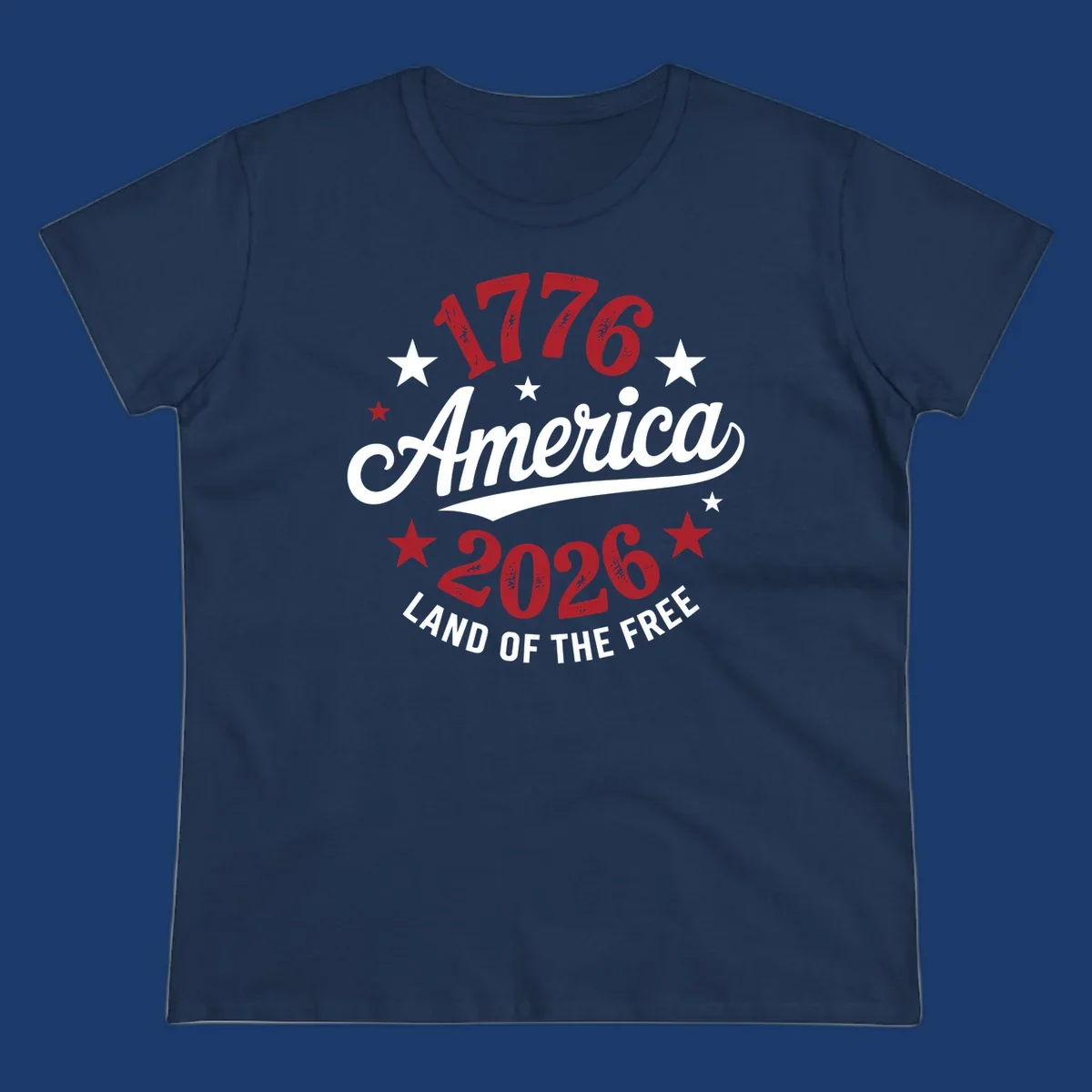 America 250th anniversary design with text 1776, America, 2026, Land of the Free, and stars.