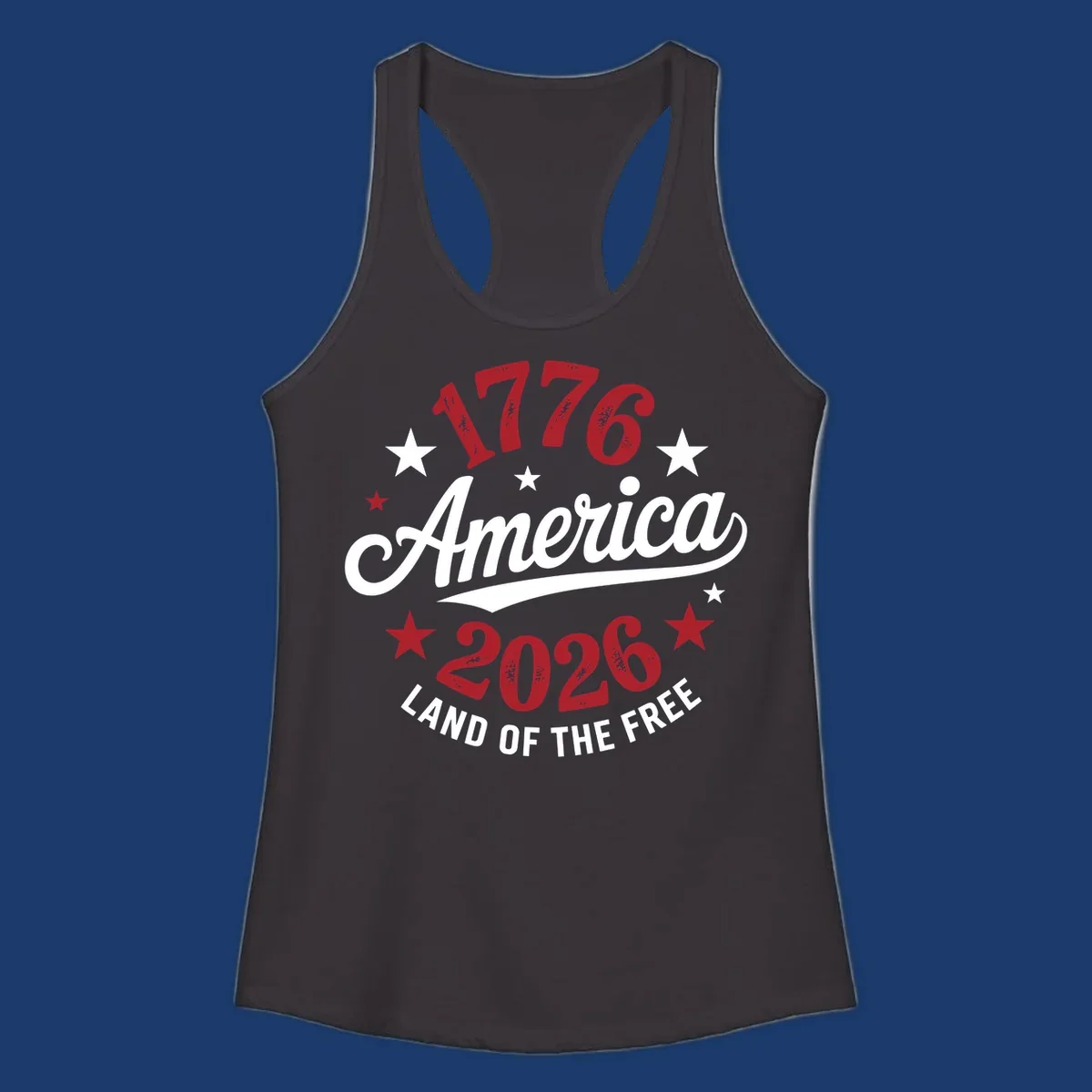 America 250th anniversary design with text 1776, America, 2026, Land of the Free, and stars.