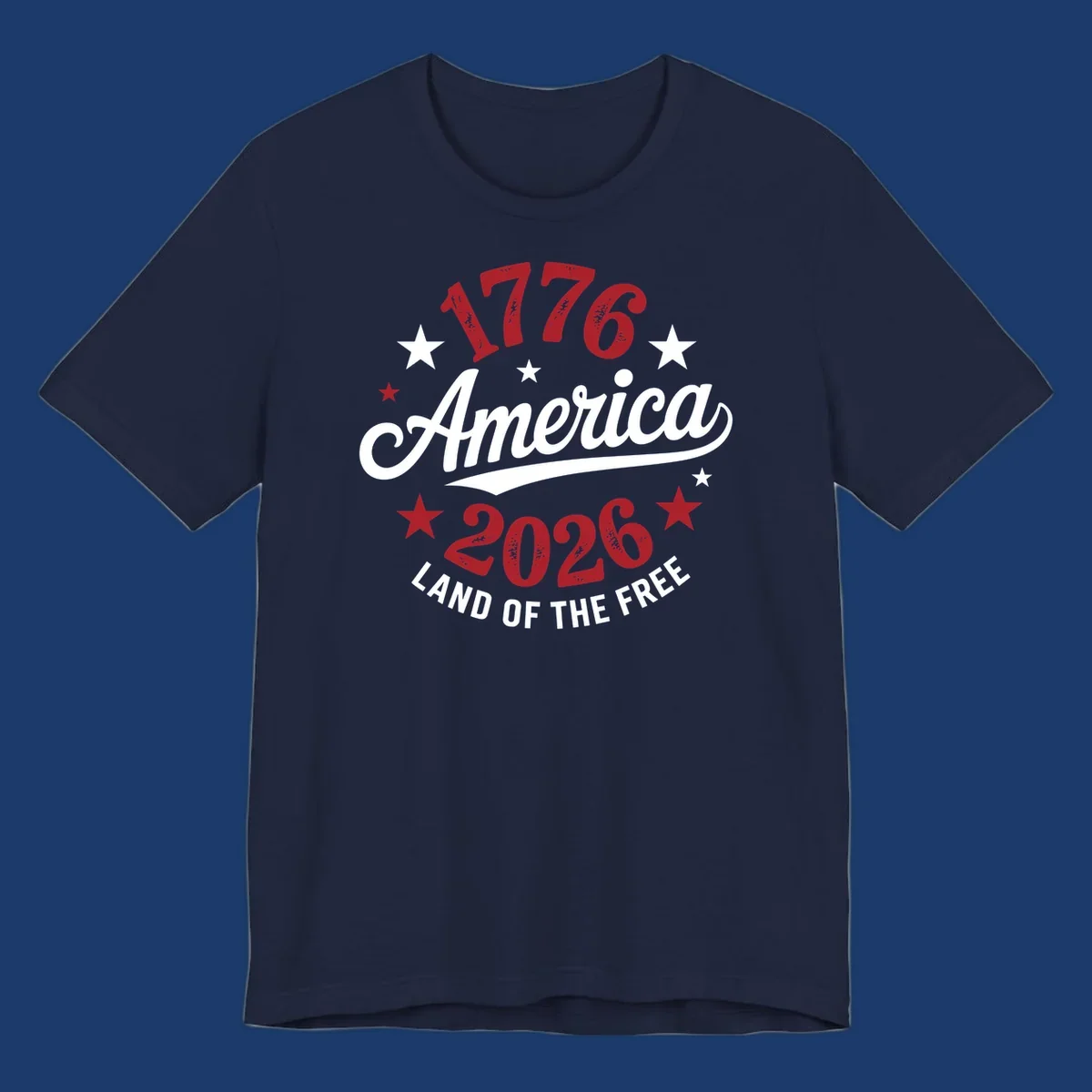 America 250th anniversary design with text 1776, America, 2026, Land of the Free, and stars.