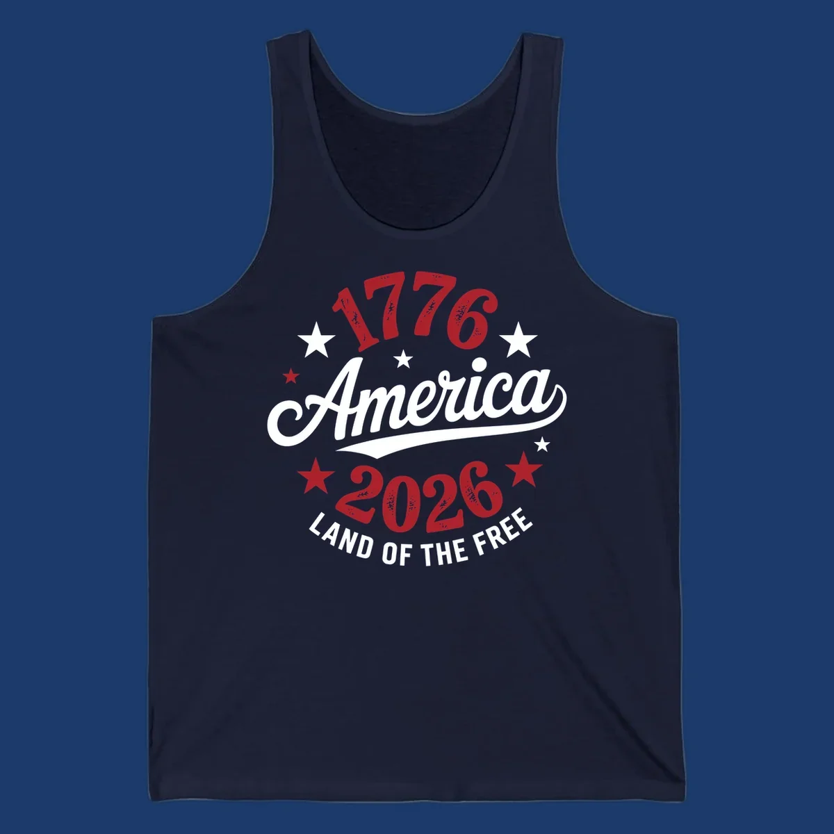 America 250th anniversary design with text 1776, America, 2026, Land of the Free, and stars.