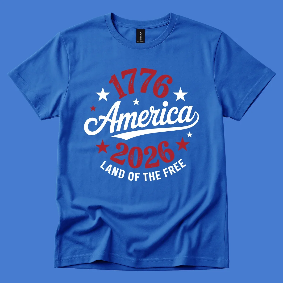 America 250th anniversary design with text 1776, America, 2026, Land of the Free, and stars.