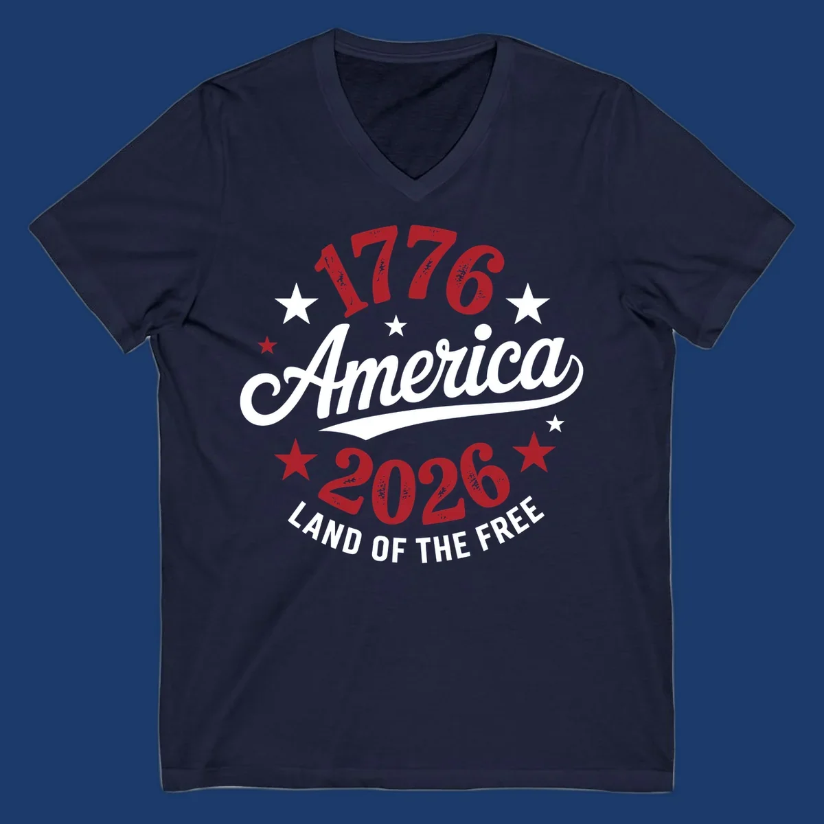 America 250th anniversary design with text 1776, America, 2026, Land of the Free, and stars.