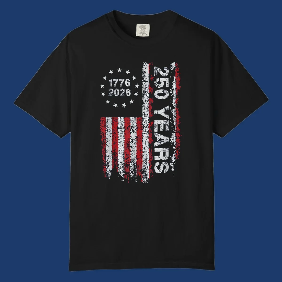 America 250 years distressed flag with 1776 and 2026 text.