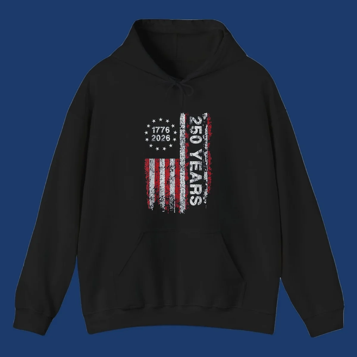 America 250 years distressed flag with 1776 and 2026 text.