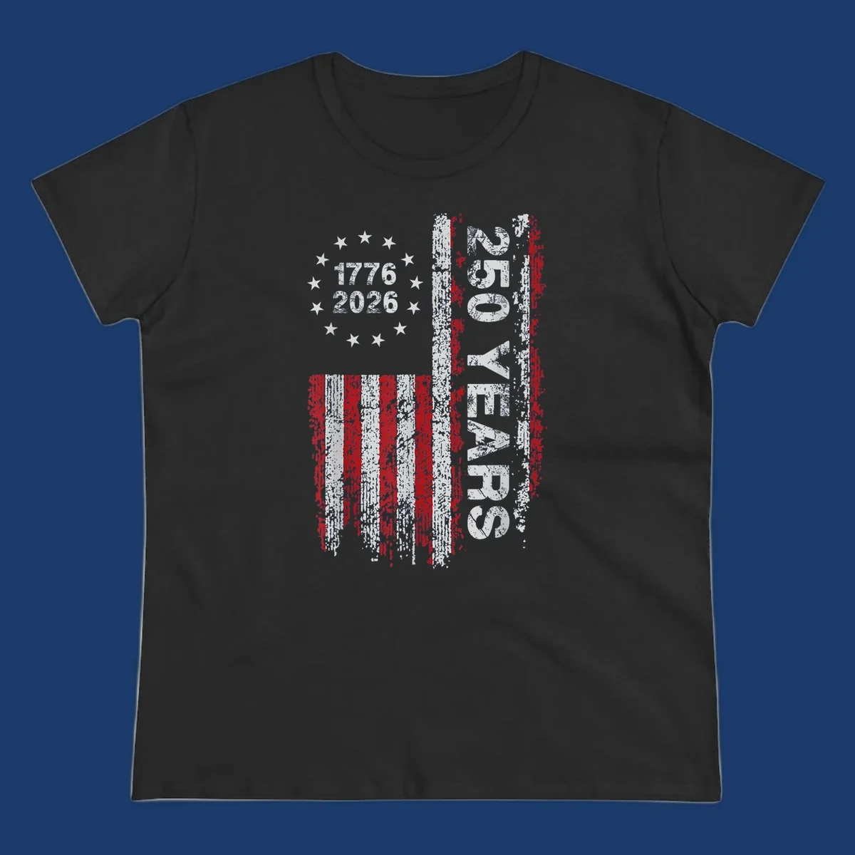 America 250 years distressed flag with 1776 and 2026 text.