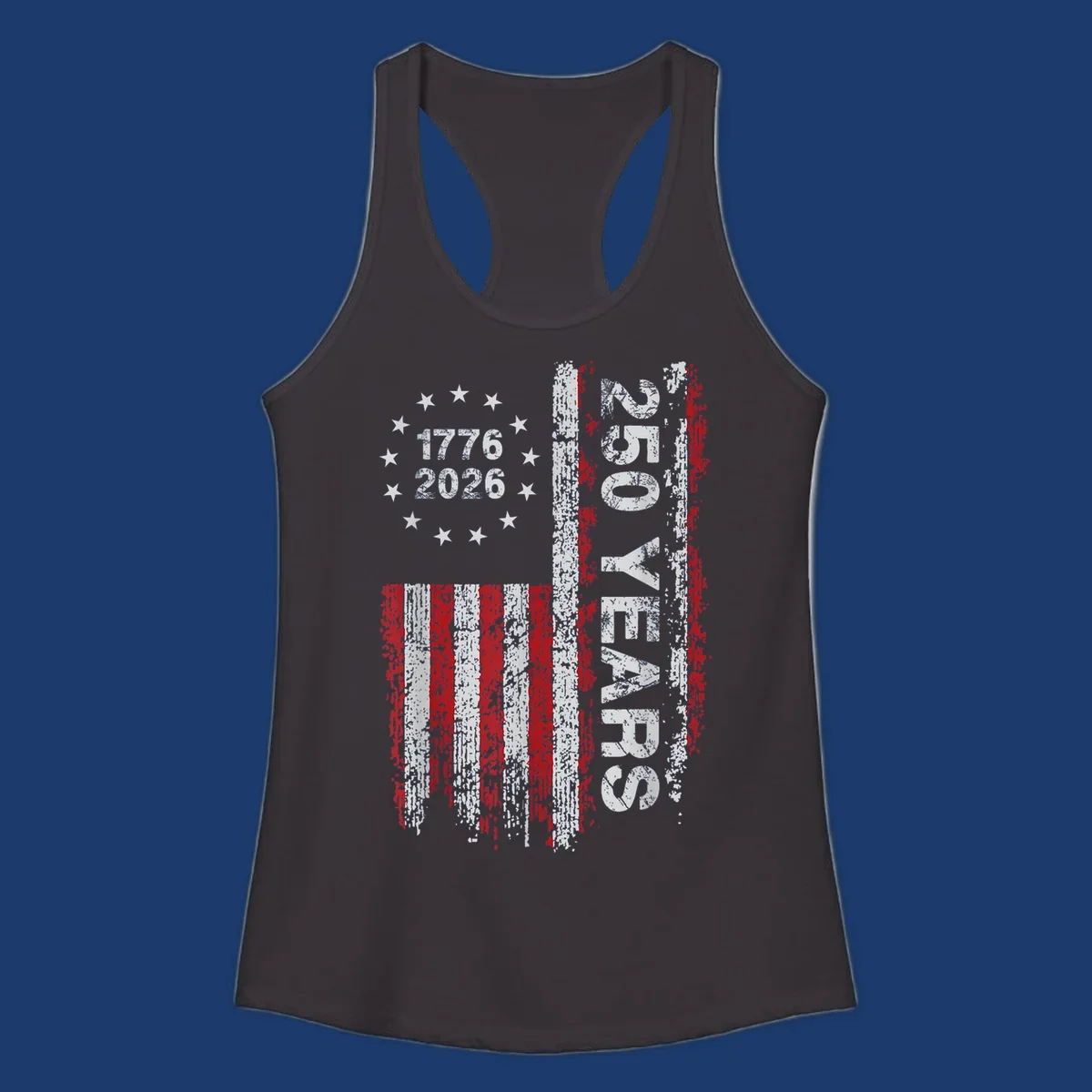 America 250 years distressed flag with 1776 and 2026 text.