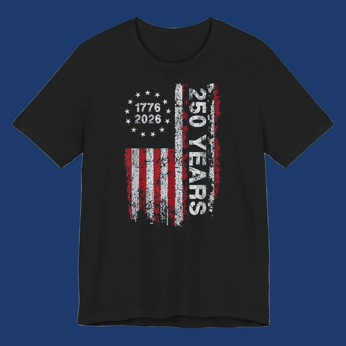 America 250 years distressed flag with 1776 and 2026 text.