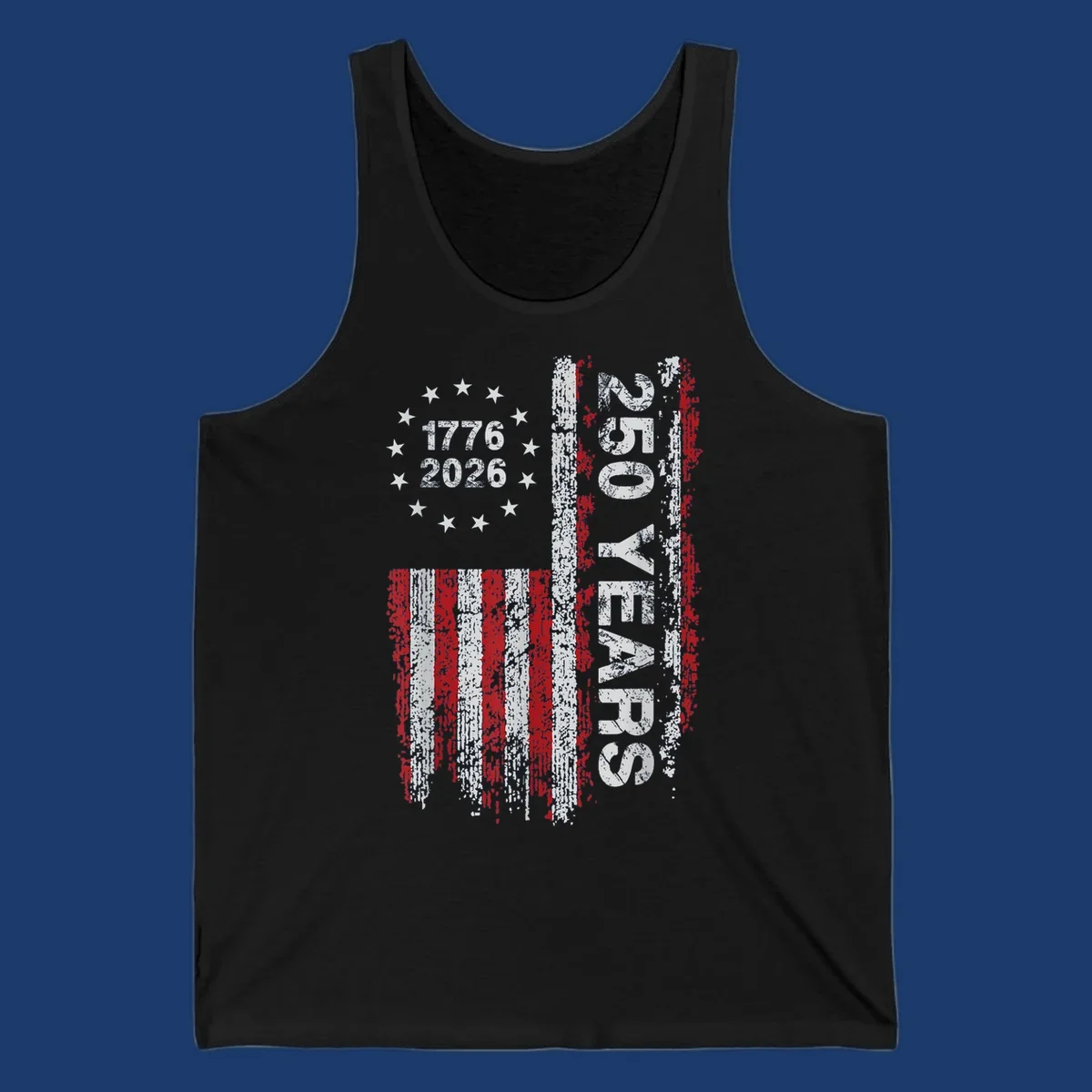 America 250 years distressed flag with 1776 and 2026 text.