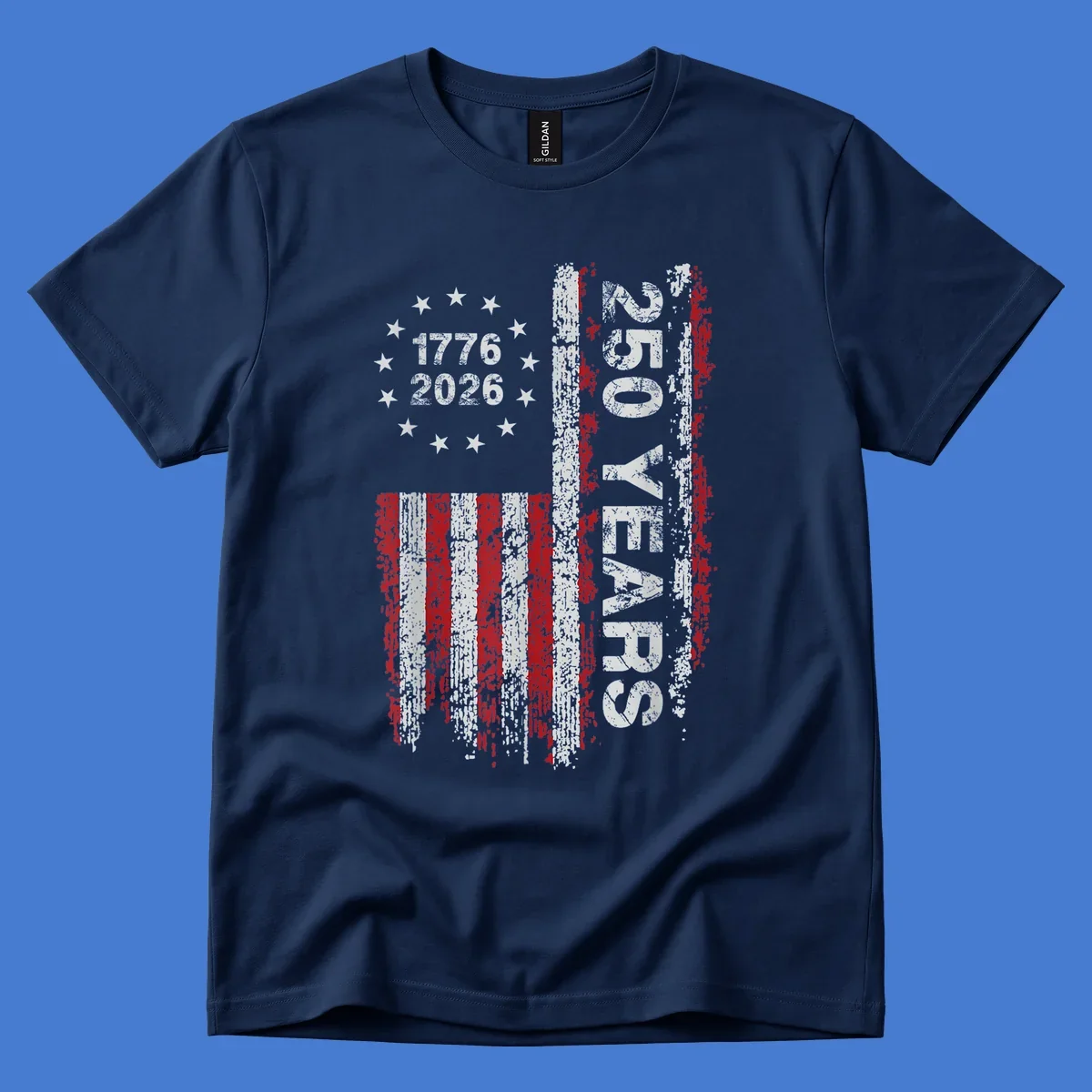 America 250 years distressed flag with 1776 and 2026 text.