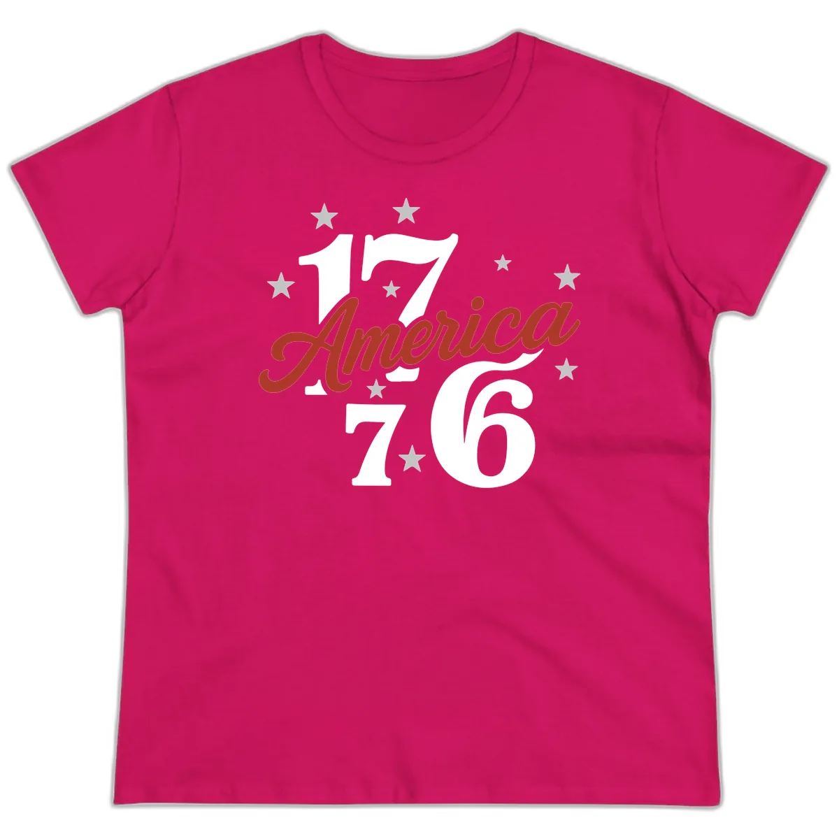 America 1776 Celebration Design Ladies Tee in Heliconia
