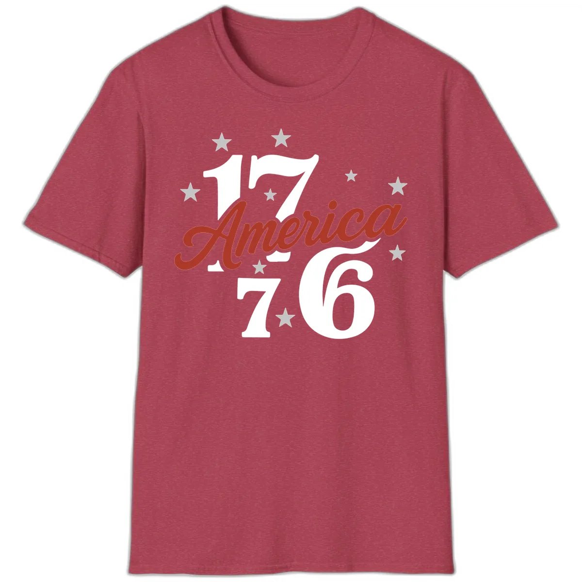 America 1776 Celebration Design T-Shirt in Heather Cardinal