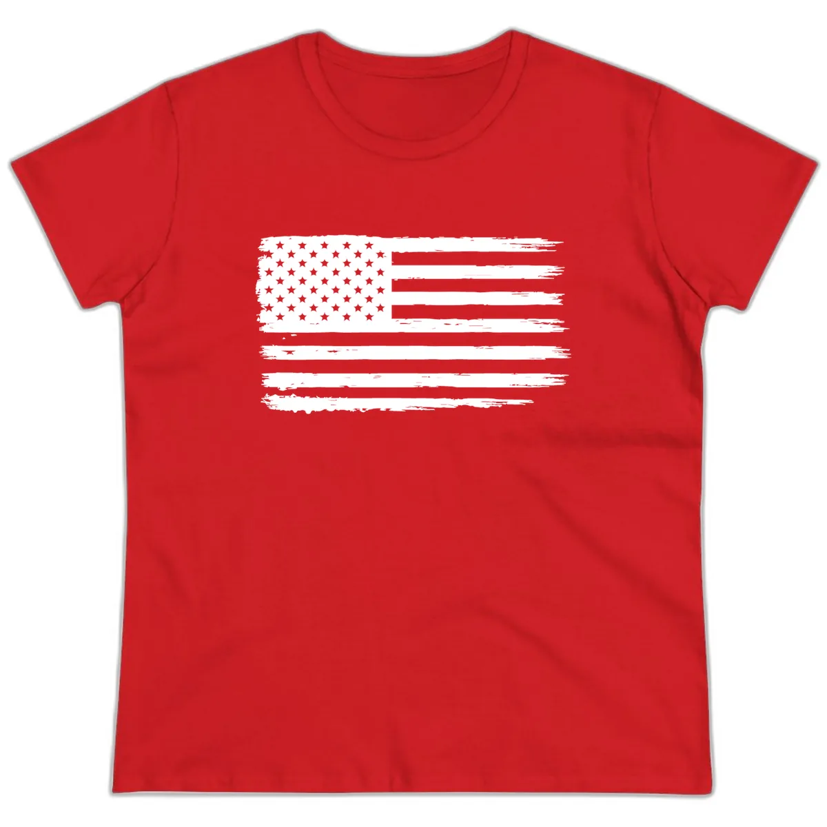 Distressed American Flag Celebration Ladies Tee in Red