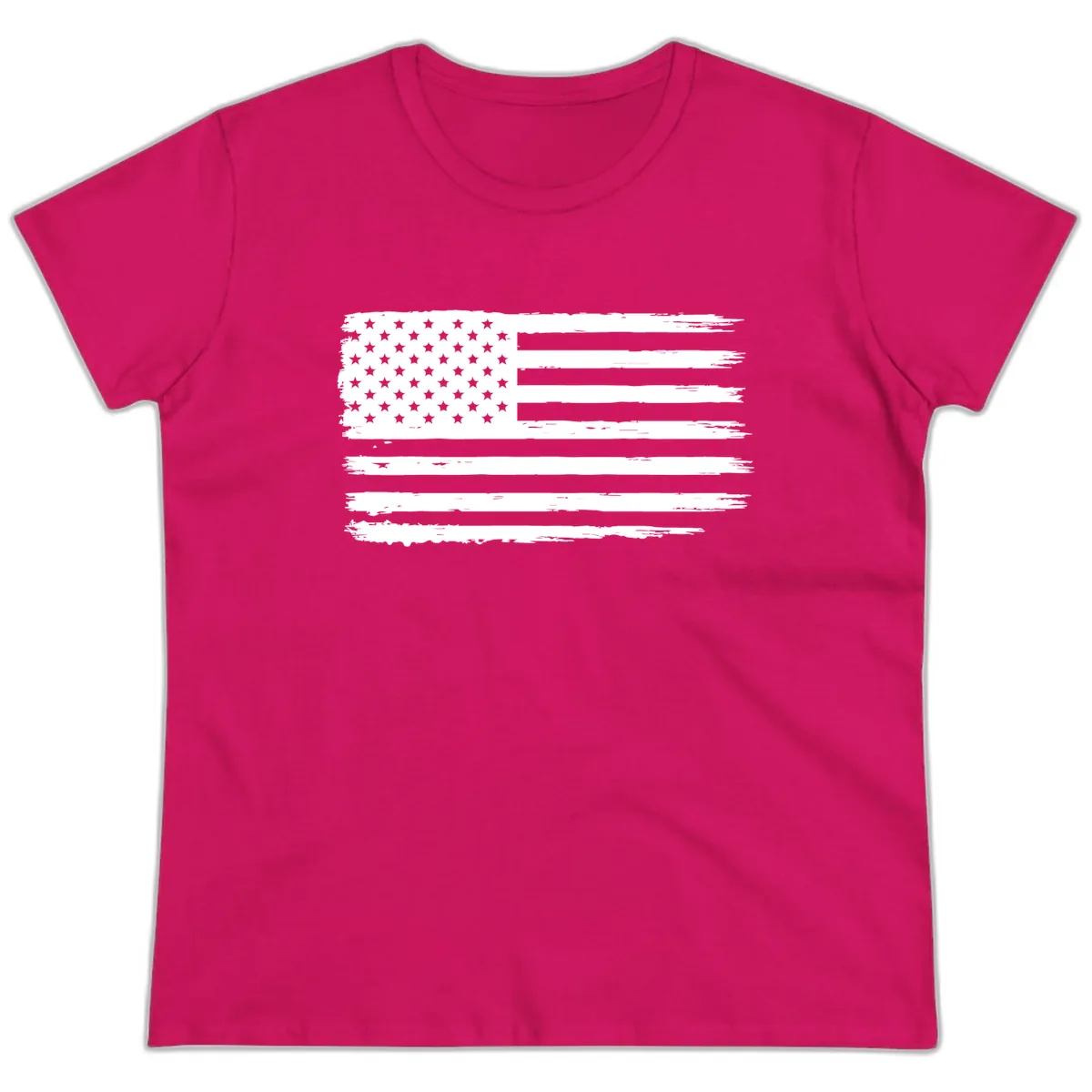 Distressed American Flag Celebration Ladies Tee in Heliconia