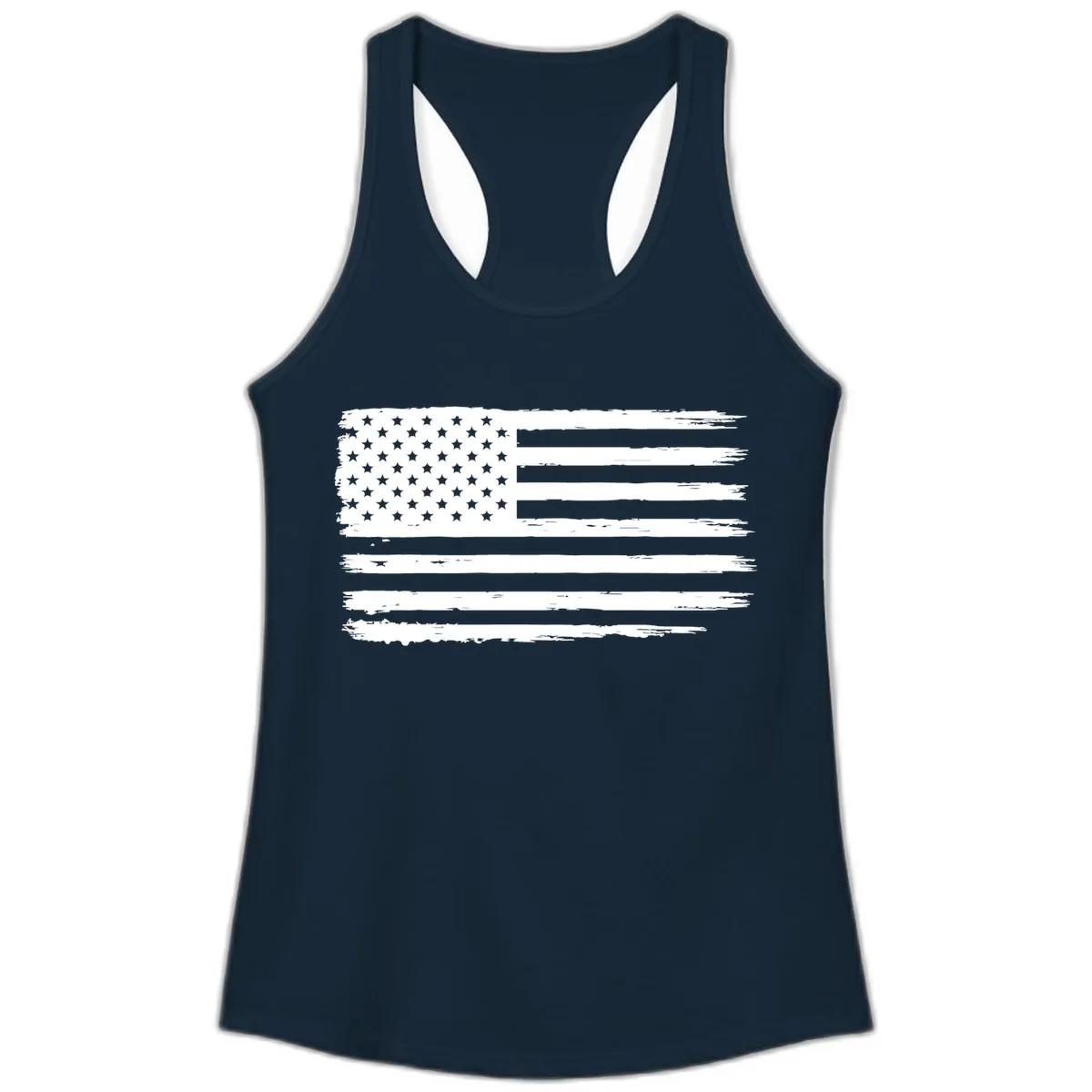 Distressed American Flag Celebration Ladies Tank in Solid Midnight Navy