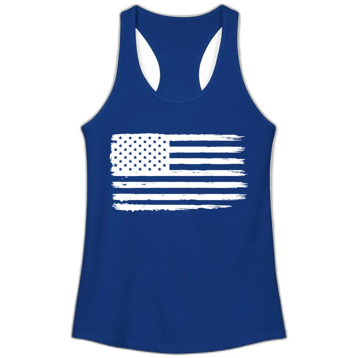 Distressed American Flag Celebration Ladies Tank in Solid Royal