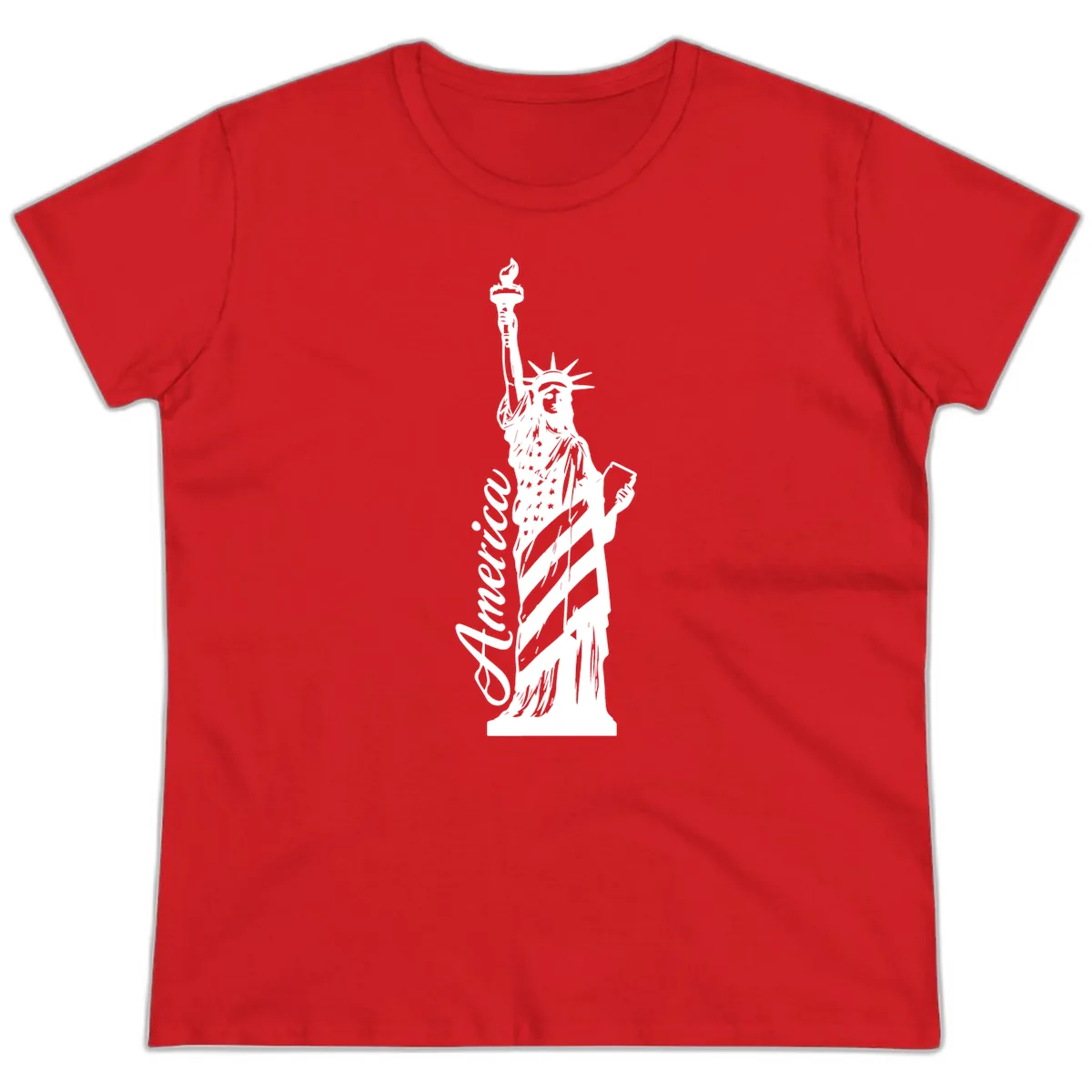 Statue Of Liberty America Celebration Ladies Tee in Red