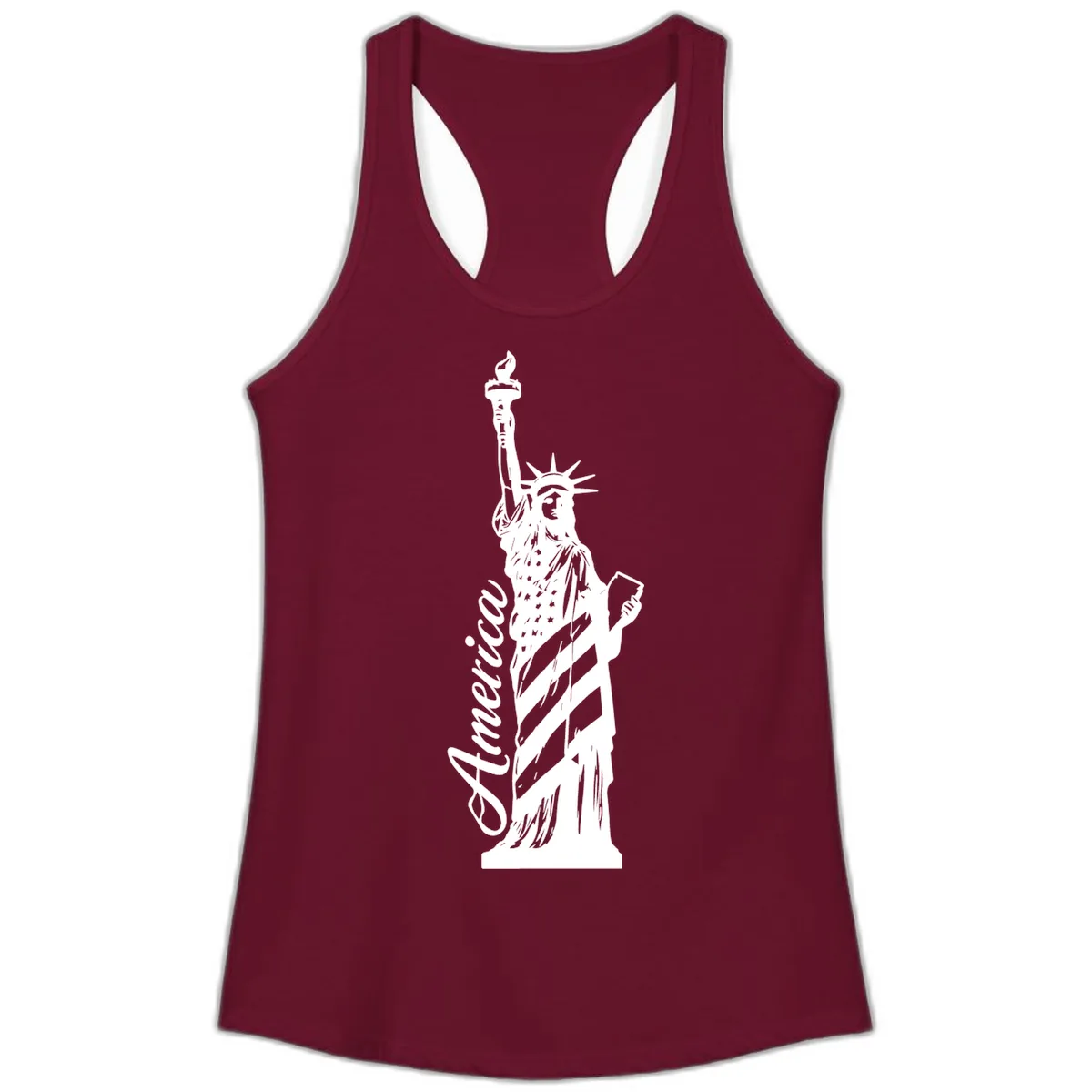 Statue Of Liberty America Celebration Ladies Tank in Solid Cardinal Red