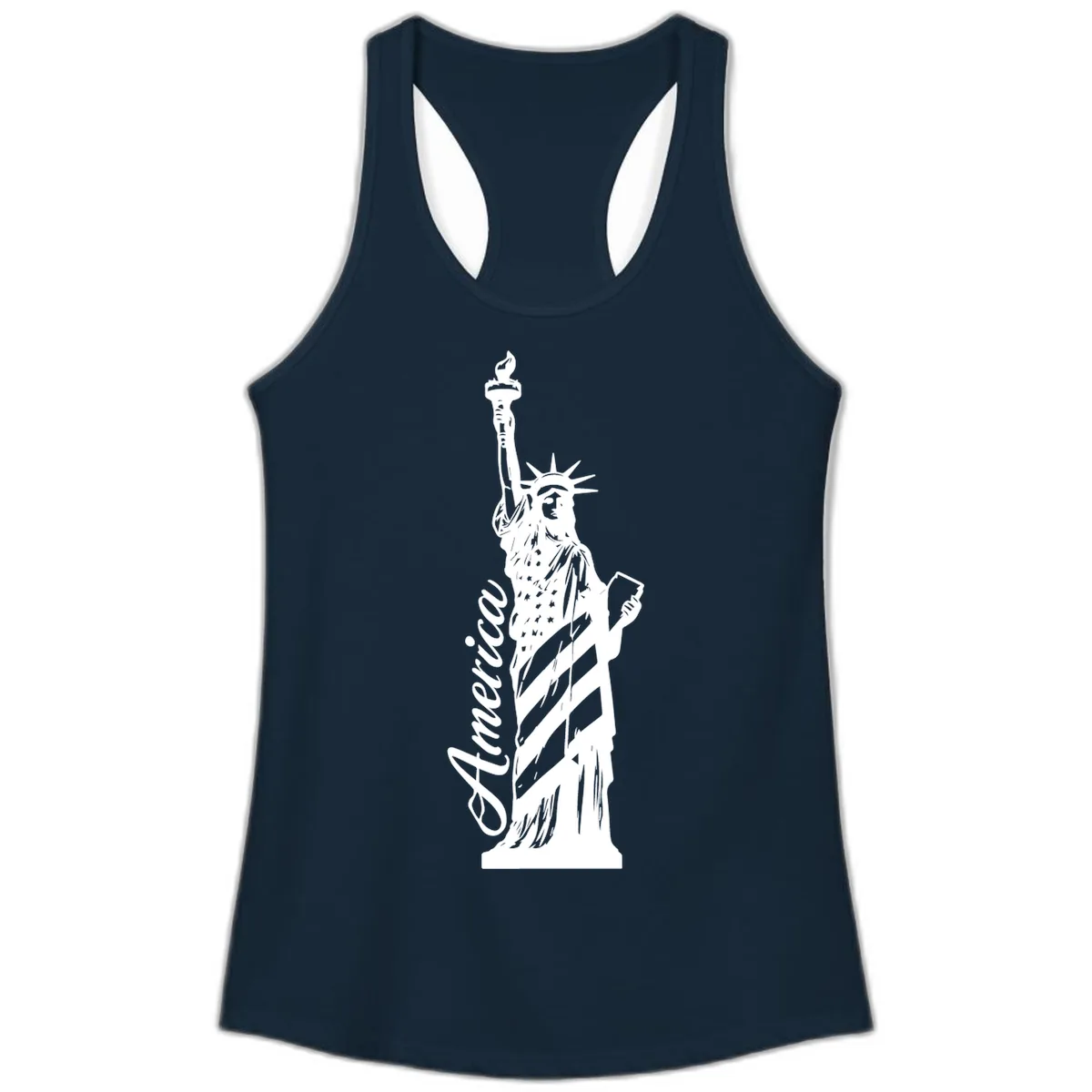 Statue Of Liberty America Celebration Ladies Tank in Solid Midnight Navy