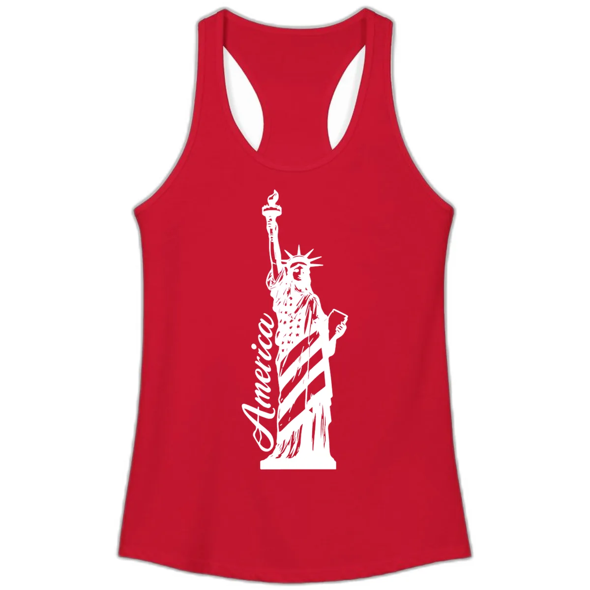 Statue Of Liberty America Celebration Ladies Tank in Solid Red