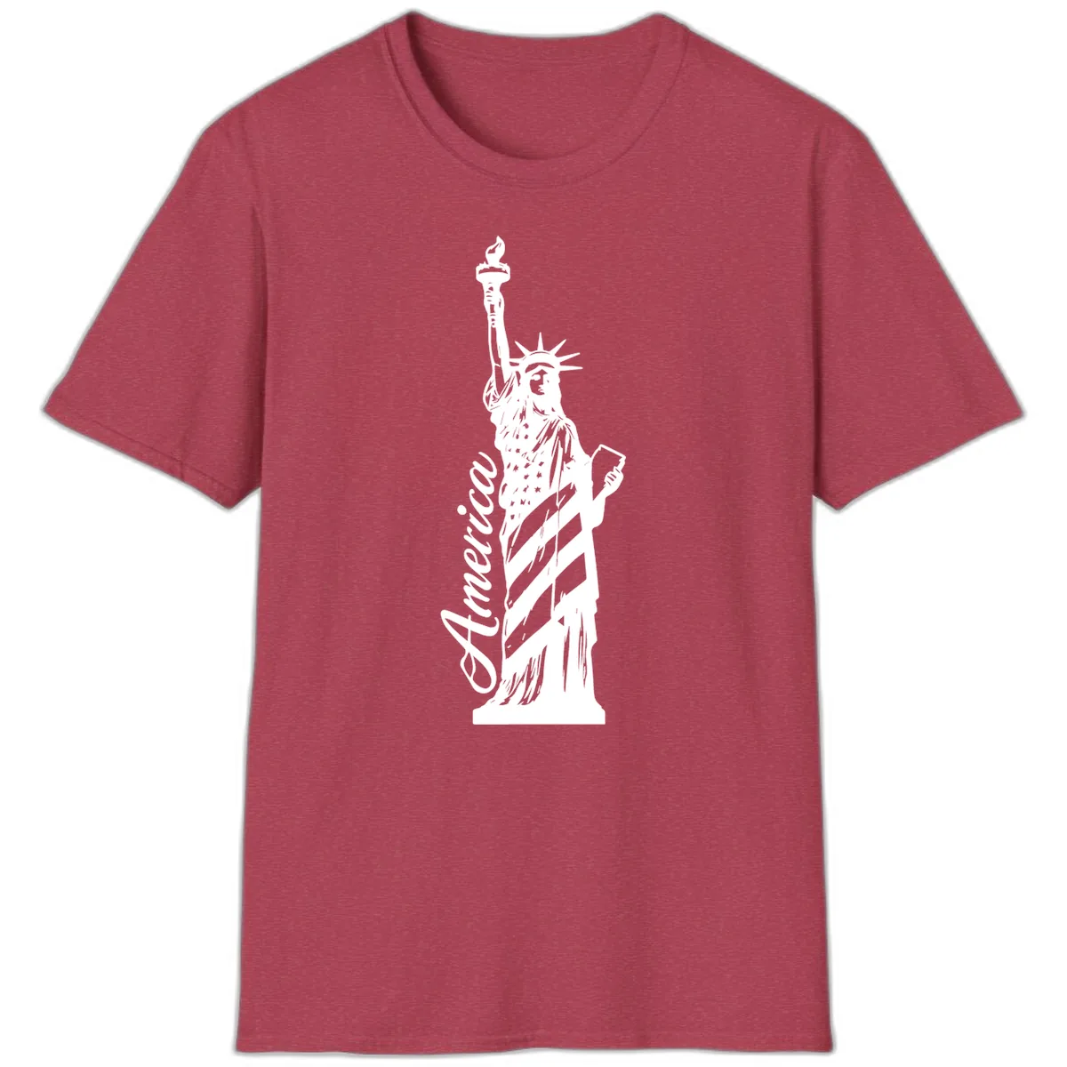 Statue Of Liberty America Celebration T-Shirt in Heather Cardinal
