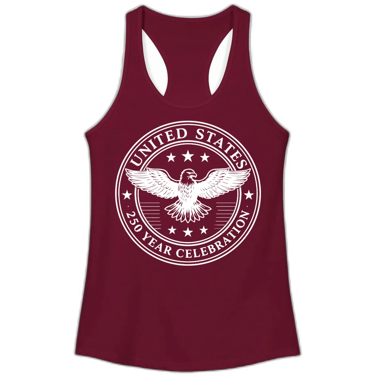 United States 250 Year Celebration Emblem Ladies Tank in Solid Cardinal Red