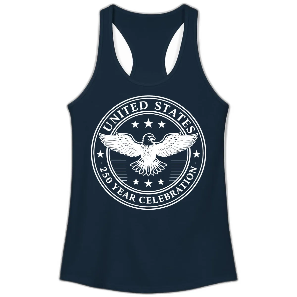United States 250 Year Celebration Emblem Ladies Tank in Solid Midnight Navy