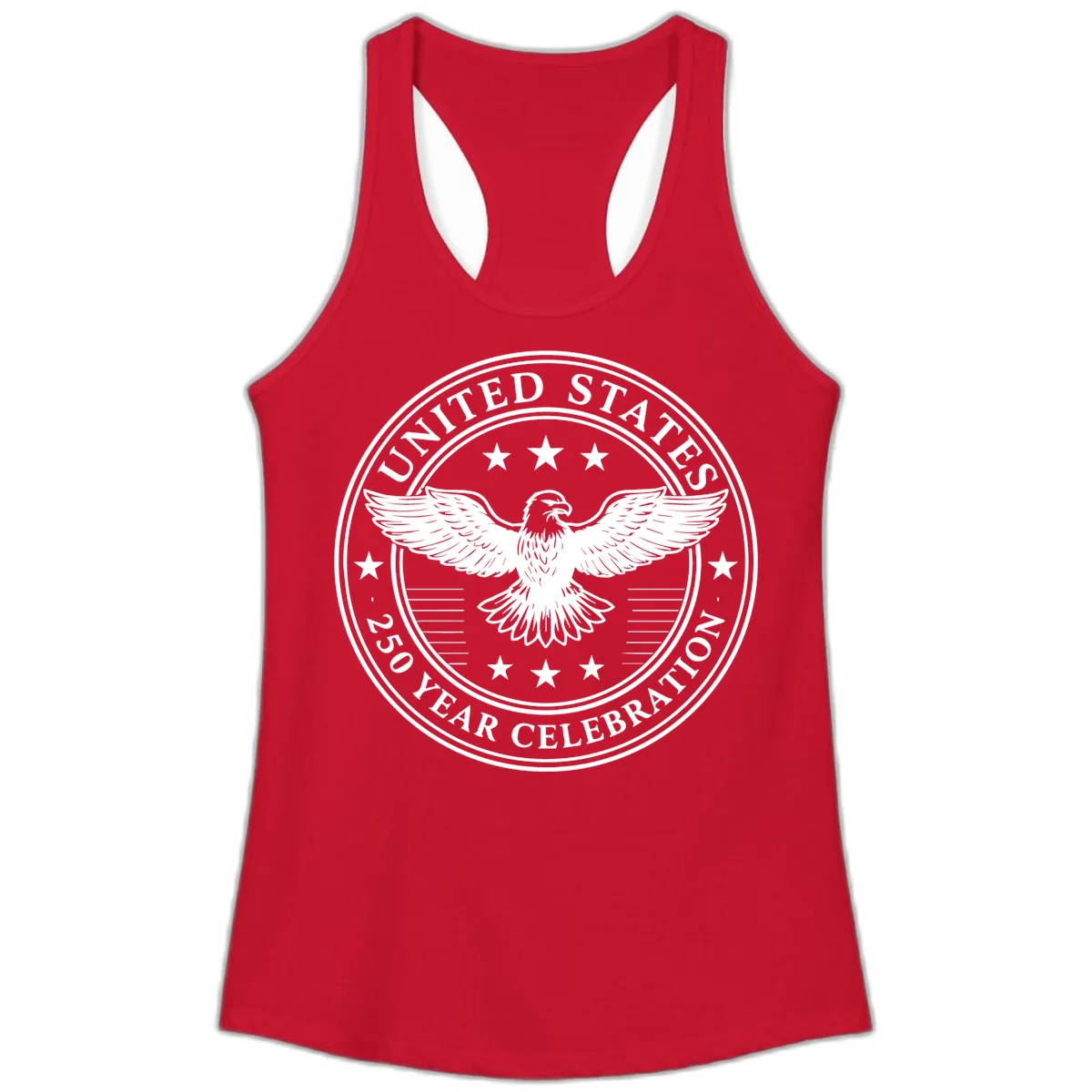 United States 250 Year Celebration Emblem Ladies Tank in Solid Red