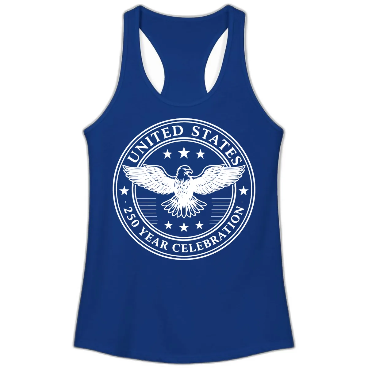 United States 250 Year Celebration Emblem Ladies Tank in Solid Royal