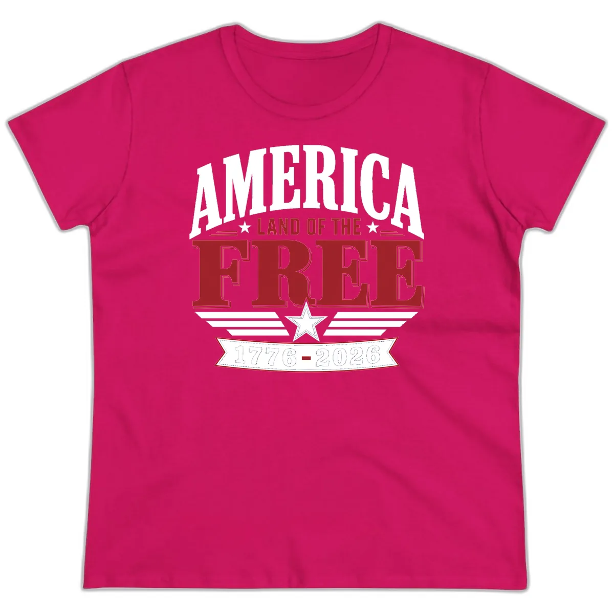 America Land of the Free 250th Celebration Ladies Tee in Heliconia