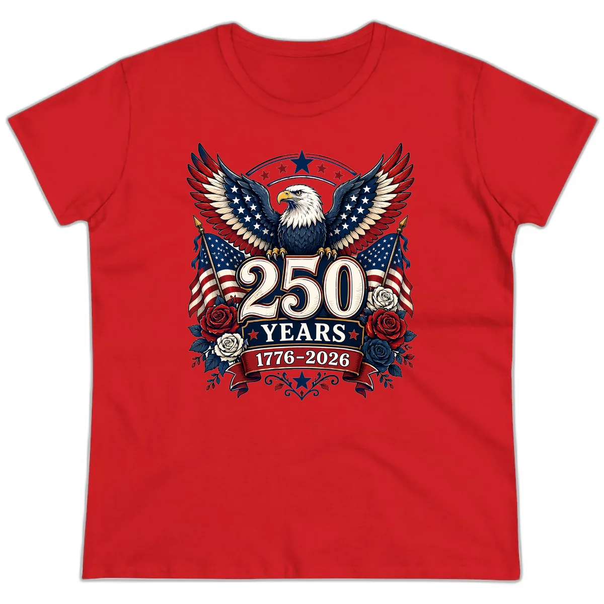 America 250 Years Celebration Design Ladies Tee in Red